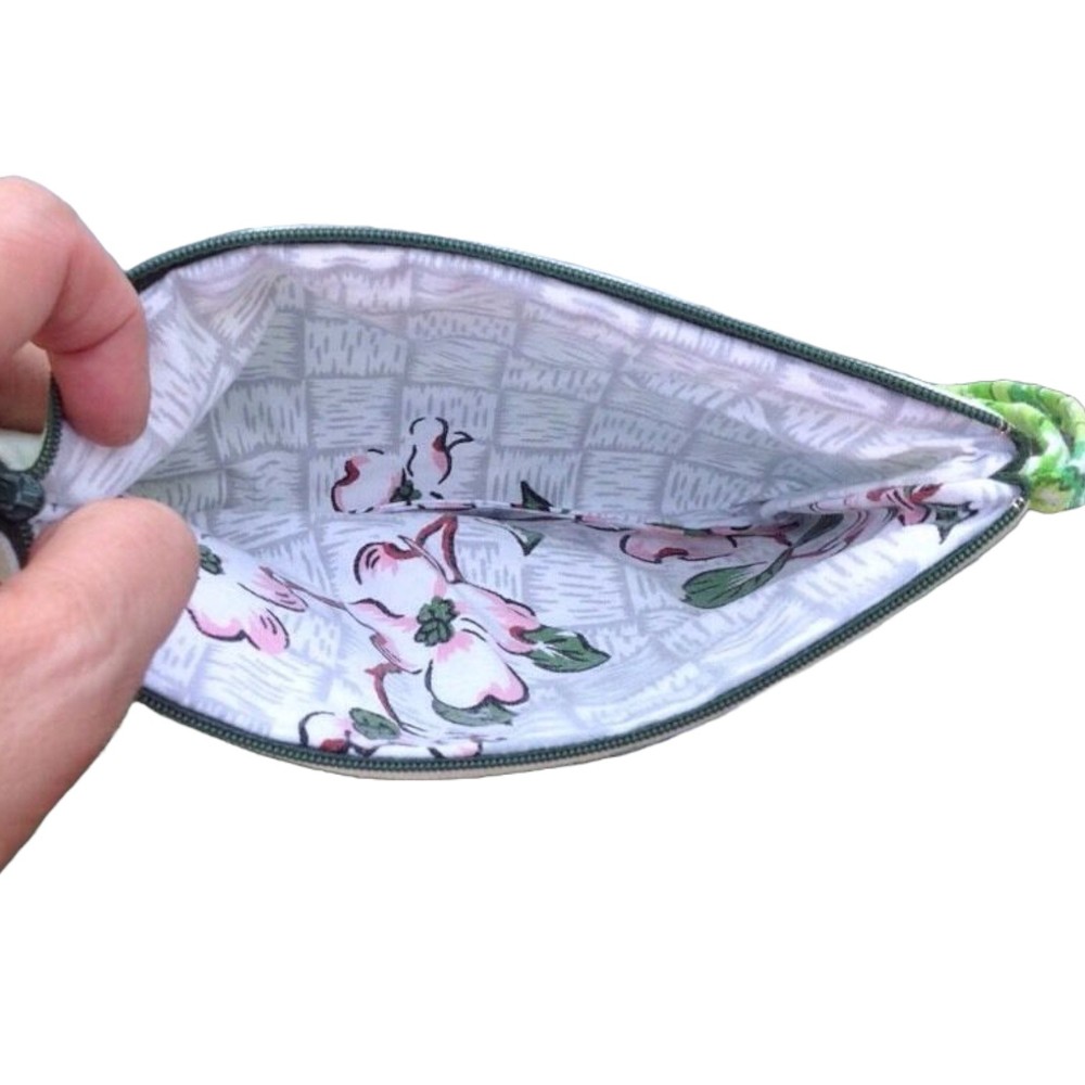 Vintage Fabric Handmade Wristlet Clutch Floral Green Make up Travel Case Bag - Picture 2 of 10